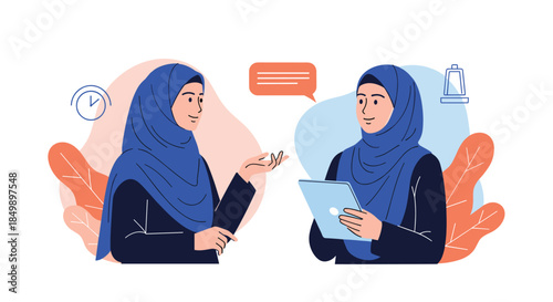 Illustration of two Muslim women wearing blue hijabs having a professional conversation, one holding a tablet and gesturing.