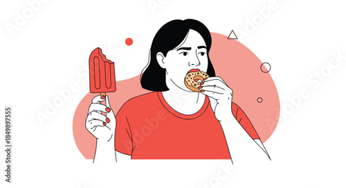 Young woman eating an ice cream popsicle and a doughnut at the same time, with a red circular background design.