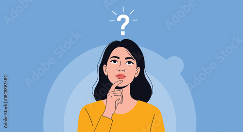 Thoughtful young woman looking up with her hand on her chin, with a glowing question mark above her head on a blue background.