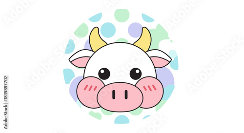Adorable cartoon cow with exaggerated cute features and colorful background for children's designs
