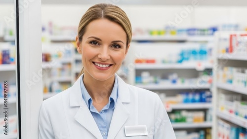 Woman pharmacist smiling in a pharmacy. Healthcare professional in medical retail store standing cheerful. Pharmaceutical concept for advertising.