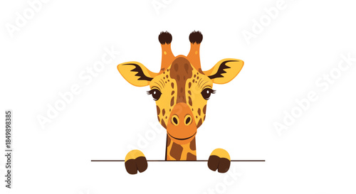 Cute cartoon giraffe head peeking over a white border with a friendly and curious expression, isolated on a white background.
