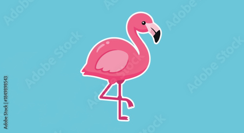 Cartoon Pink Flamingo Standing on One Leg with Simplistic Design and Bright Blue Background
