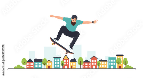 Bearded man in a cap doing a skateboarding trick in mid-air above a stylized city skyline with colorful houses and trees.