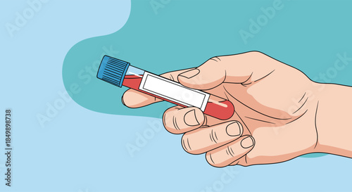 Close-up illustration of a hand holding a test tube filled with a blood sample, with a blank label for text on the tube.