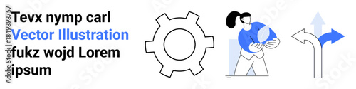 Gear, woman holding globe, directional arrows highlighting decision-making, problem-solving, progress, exploration, opportunity, strategic planning, simple landing page
