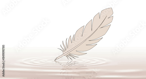 Close-up of a single feather floating on water with subtle ripples in a minimalistic setting