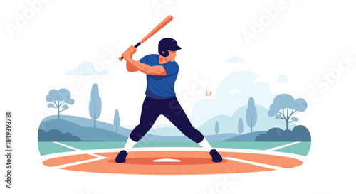 Baseball player in a batting stance, ready to hit the ball on a baseball field with a scenic, natural background.