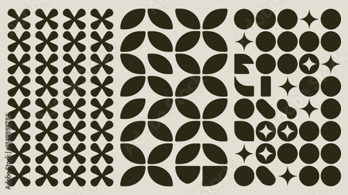 Repeating dark olive geometric shapes form a modern pattern on a soft cream background for design