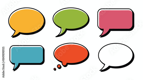 Set of six brightly colored speech bubbles with bold outlines on a clean white background