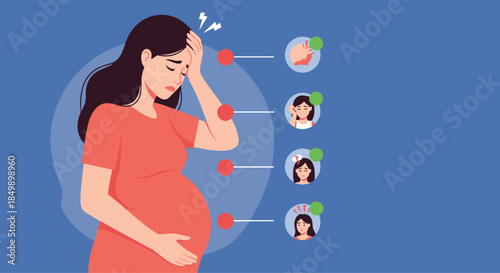 Pregnant woman suffering from a headache and other pregnancy symptoms, with icons illustrating various discomforts.
