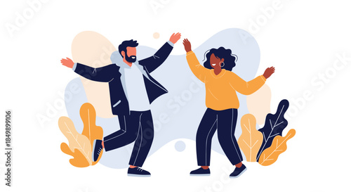 Happy and energetic multiracial couple dancing and celebrating together, surrounded by abstract leaves and background shapes.