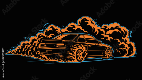 Drifting Car with Smoke Neon Illustration.