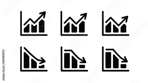 Six distinct black and white graph icons depict both increasing and decreasing market trends or performance data