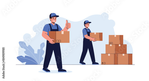Two delivery men in blue uniforms working together, one giving a thumbs up while the other stacks cardboard boxes.