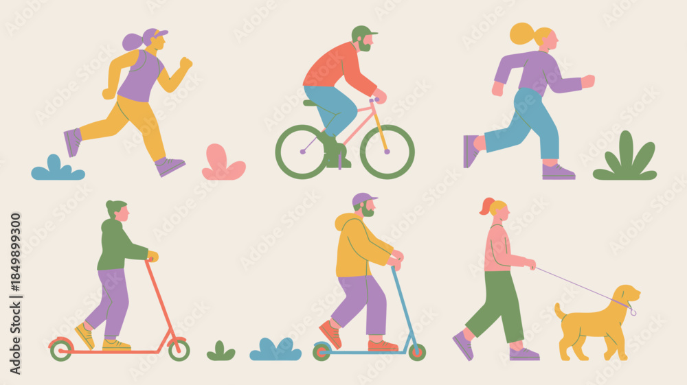 Fototapeta premium Six individuals involved in various outdoor activities like running, cycling, scootering, and dog walking in a park setting