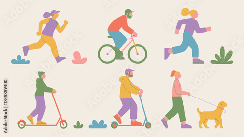 Six individuals involved in various outdoor activities like running, cycling, scootering, and dog walking in a park setting