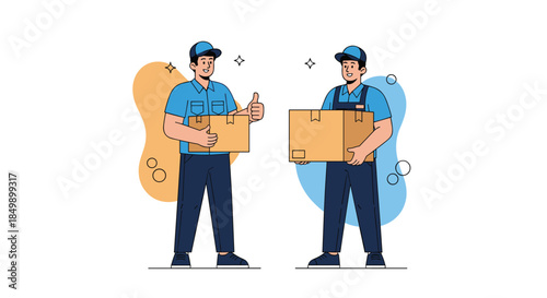 Two smiling delivery men in blue uniforms holding cardboard boxes, one giving a thumbs up to show good service.