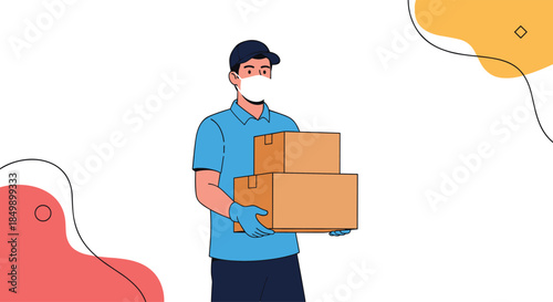 Delivery man wearing a face mask and gloves holding cardboard boxes, illustrating safe and contactless delivery service.
