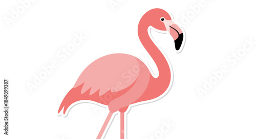 Colorful cartoon illustration of a flamingo standing on one leg against a white background