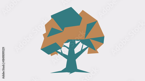 Stylized tree with a canopy formed by teal and brown geometric shapes on a pale grey background