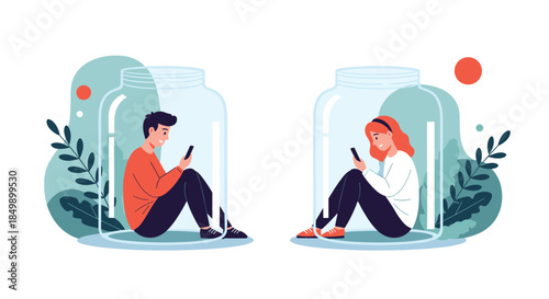 Social isolation concept showing a young man and woman sitting inside separate glass jars, communicating only through their smartphones.
