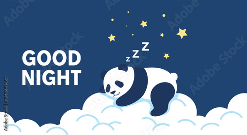 Cute cartoon panda sleeping peacefully on a fluffy cloud under a starry night sky with the text 'Good Night,' a sweet vector illustration.