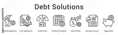 Debt solutions manage obligations through loan agreements and payment schedules balancing interest rates with savings growth.