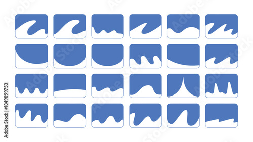 This image shows a collection of blue wave and fluid shape icons in square frames