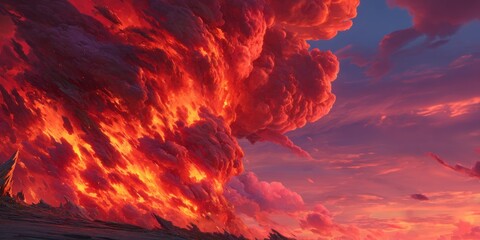 Crédence de cuisine Bordeaux An epic, stylized sunset featuring swirling, fiery clouds, a dramatic color palette, and a landscape  © sadermo