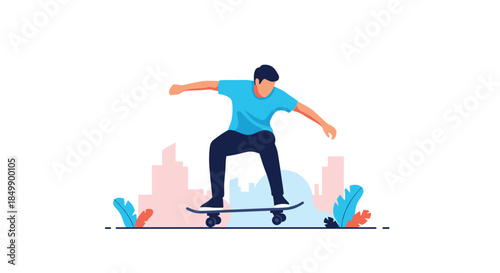 Young man in casual clothes skateboarding in a city park with a modern skyline in the background, illustrating an active urban lifestyle.