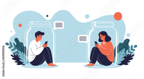 Man and woman in separate glass jars communicating via text messages, illustrating social distancing, quarantine, and online relationships.