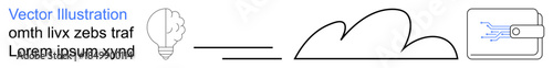 Cloud technology, fintech innovation, digital storage, creative solutions, online security, data transfer. Light bulb, cloud and digital wallet outlined in minimalist style. Cloud technology