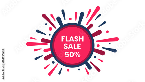 A vibrant graphic featuring a "FLASH SALE 50%" text in a central red circle, surrounded by an explosion of red and blue abstract shapes, set against a white background.