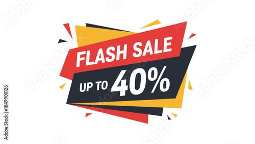 A vibrant graphic banner announcing a flash sale with up to 40% discount, featuring bold text and a modern, angular design.
