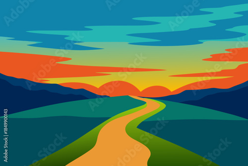 Vibrant road leading to a colorful sunset landscape