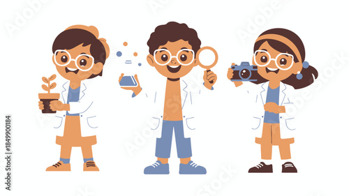 Three diverse young scientists in lab coats happily experimenting with plants, flasks, and cameras
