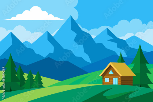 Serene mountain landscape with a cozy cabin and evergreen trees