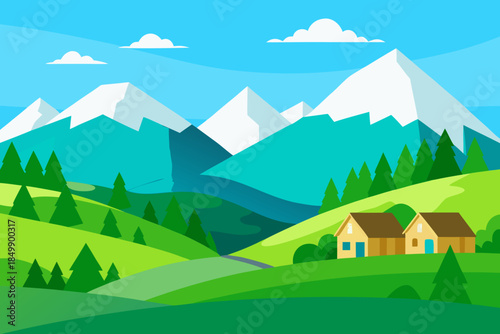Serene mountain landscape with rolling hills and cozy houses