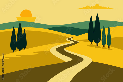 Winding road through rolling hills and trees at sunset