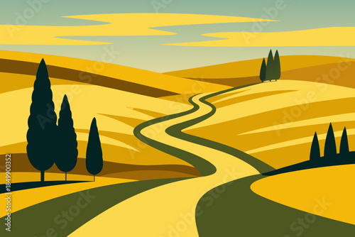 Tuscan countryside landscape with winding road and cypress trees