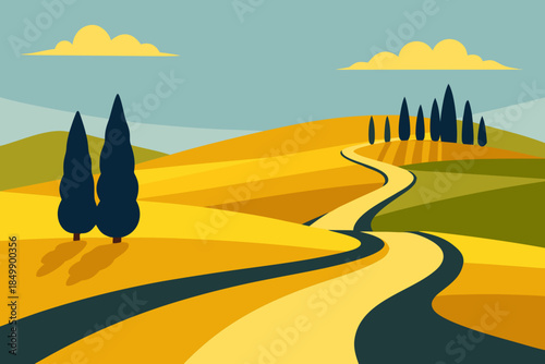 Winding road through rolling hills and cypress trees