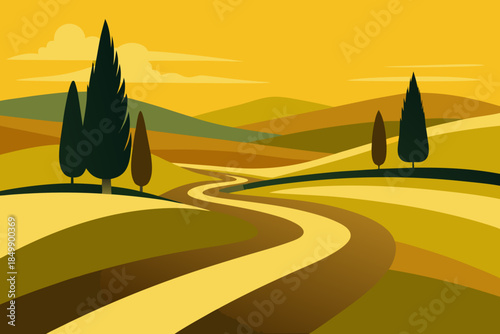 Winding road through rolling hills and trees at sunset