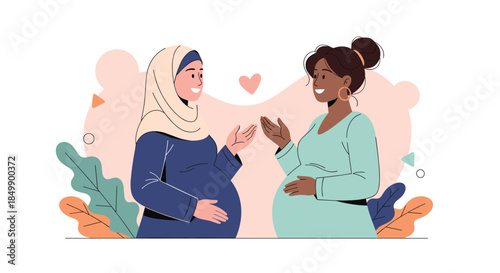Two happy and diverse pregnant women, one wearing a hijab, talking and smiling, representing multicultural friendship and motherhood.