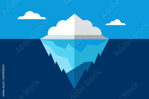 An iceberg floating on the ocean with clouds in the sky
