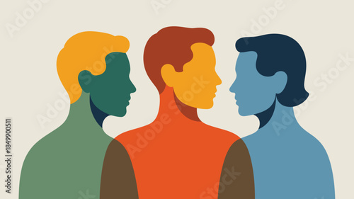 Three stylized colorful human profiles overlapping on a light background symbolizing communication and connection