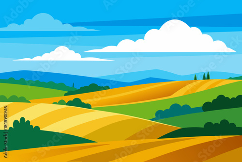 Serene countryside landscape with rolling hills and blue sky