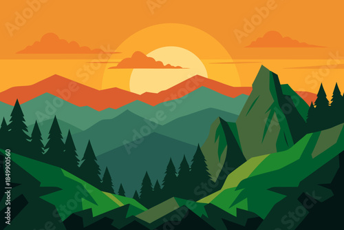 Vibrant mountain landscape at sunset with trees and peaks