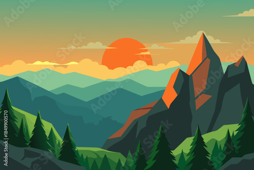 Mountain range at sunset with trees and clouds in foreground