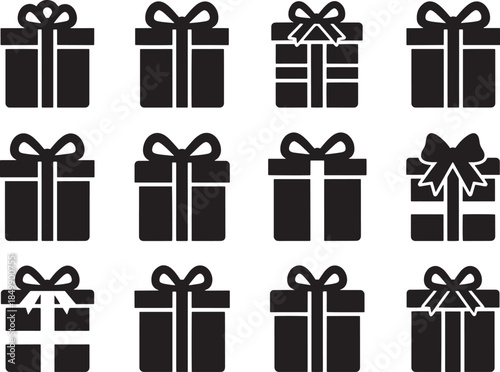A collection of meticulously crafted, black gift boxes with various ribbon and bow designs, perfect for symbolizing celebration, appreciation, and the spirit of giving.